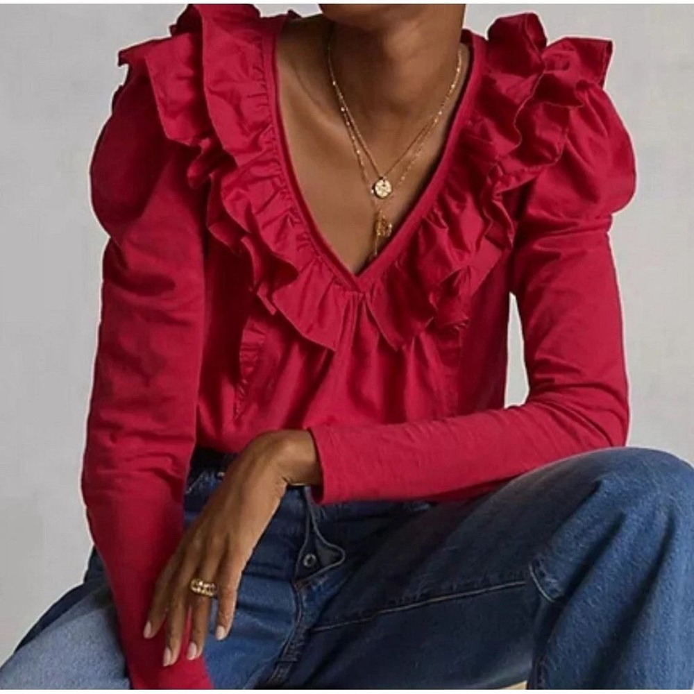 Anthropologie Magenta Pink Ruffle V-Neck Puff Long Sleeve Cotton Top XS Romantic